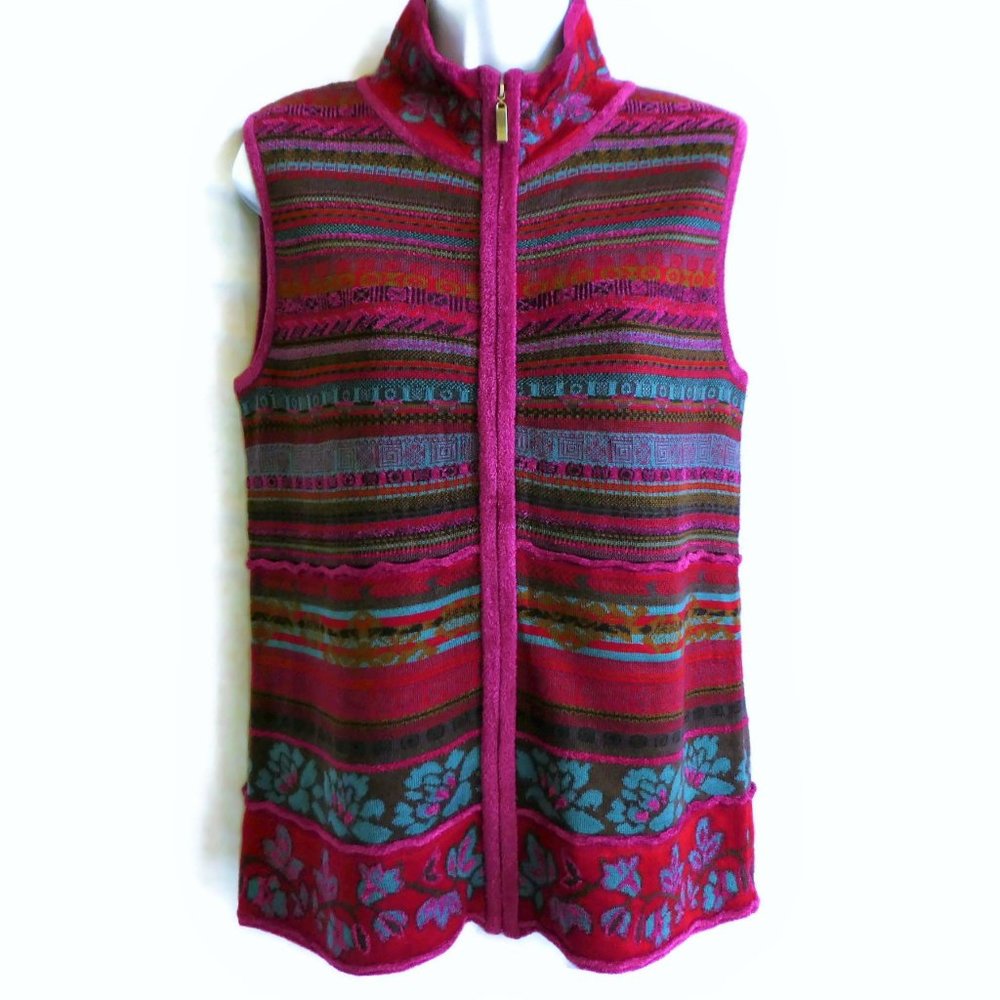 Vintage Sweater Full Zip Vest Pink Blue Floral Stripes Soft Terry Cloth S